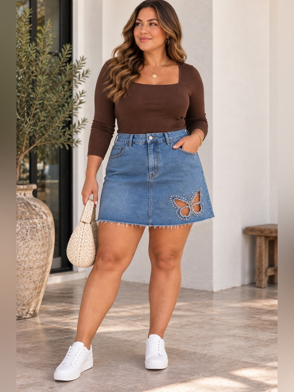 Denim Mini Skirt with Butterfly Embroidery - Blue